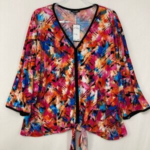New Premise Tie Front Top XL Multi Color Abstract Artsy V-Neck Stretch Knit